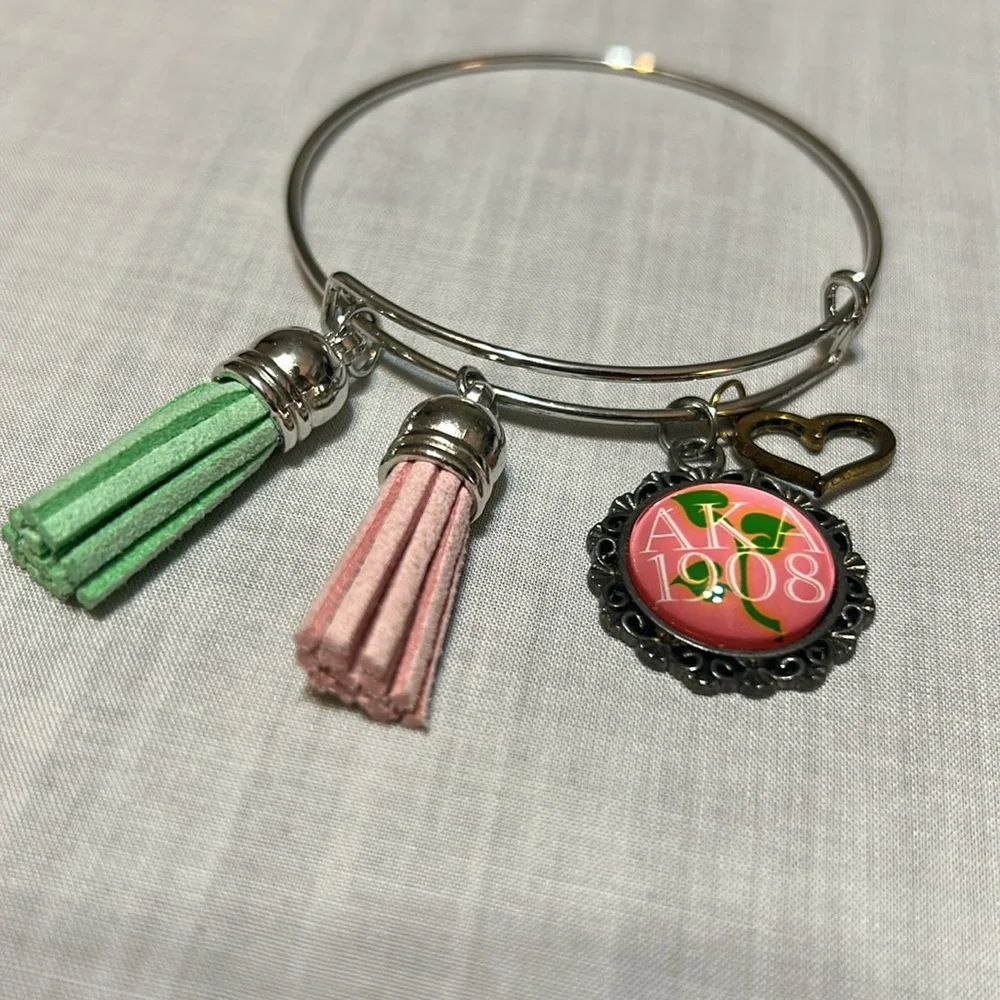 AKA Alpha Kappa Alpha Silver Bracelet Pink/Green Tassels with 1908/ heart charm